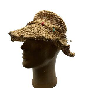 Saks Fifth Avenue Blue Women's OS Straw Hat Boho Hippie Floppy Wide Brim Woven
